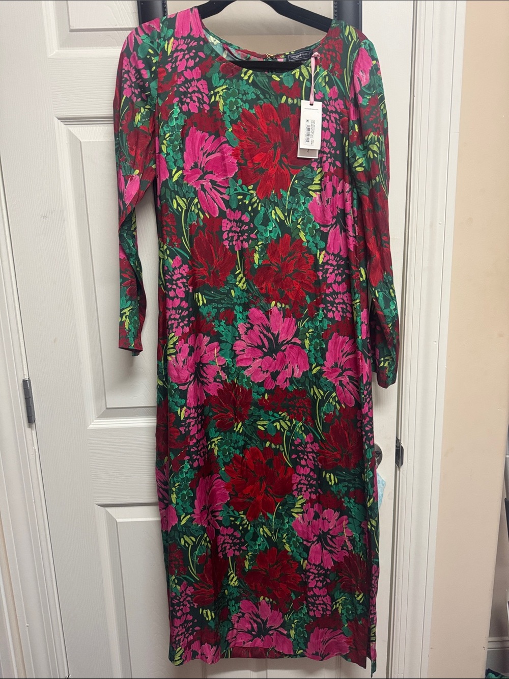Vineyard Vines Pink & Red Floral Long Sleeve Midi Dress